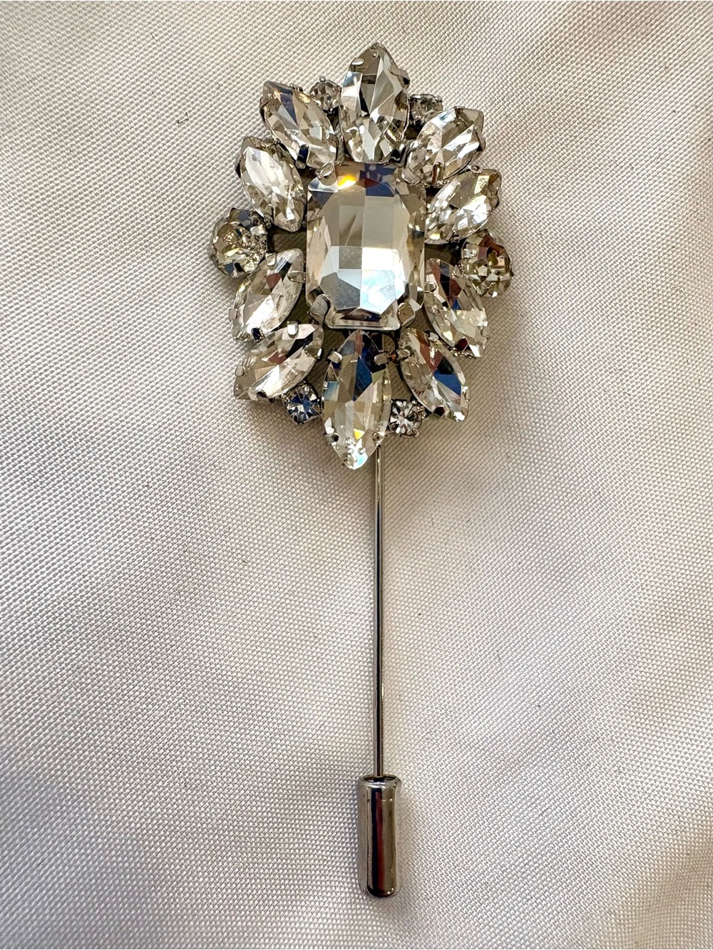 Crystal Rhinestone Stick Pin Brooch | Emerald Cut | Silver Tone